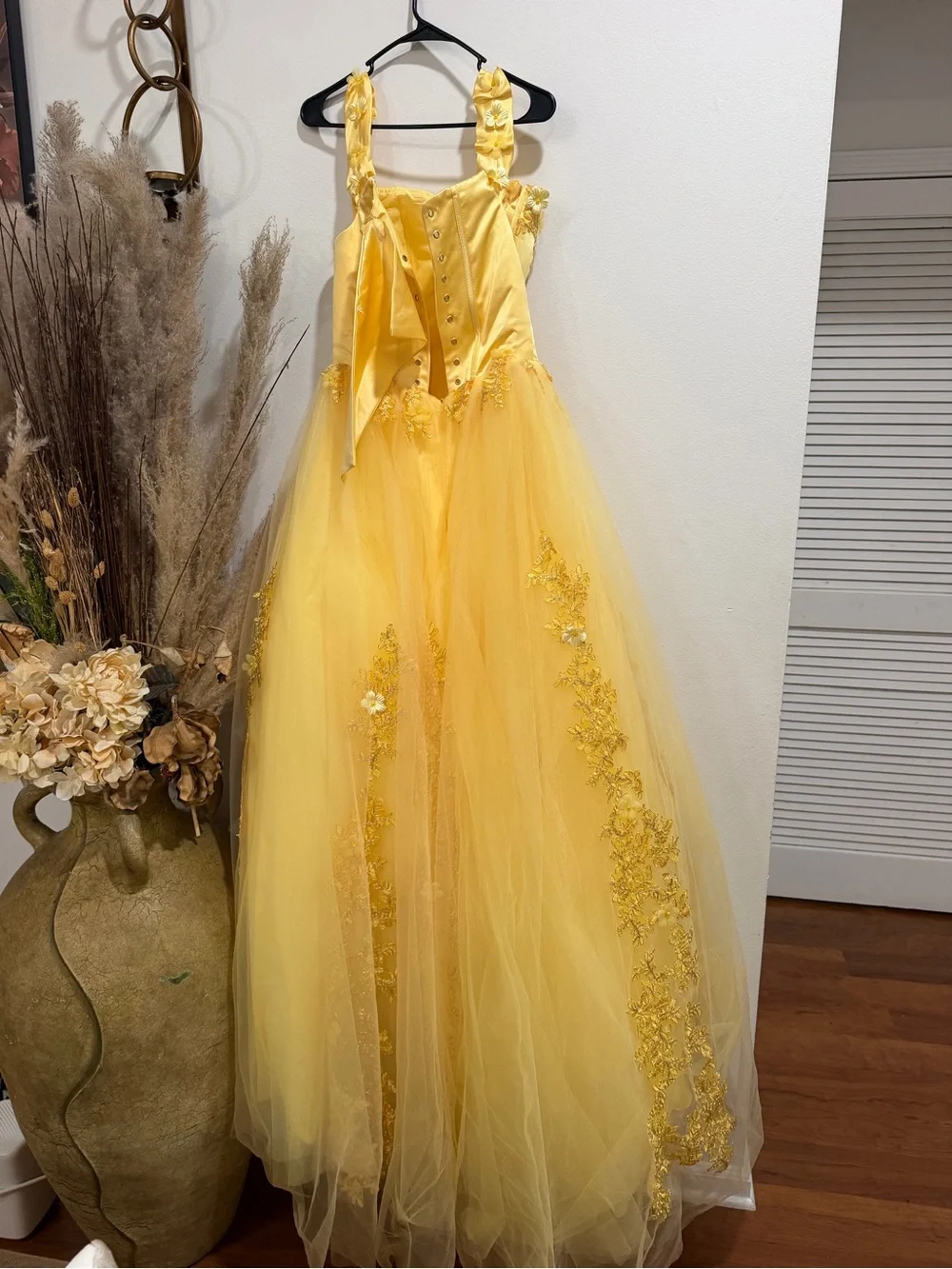 PromGirl Yellow Floral Appliqué Tulle Gown for Girls